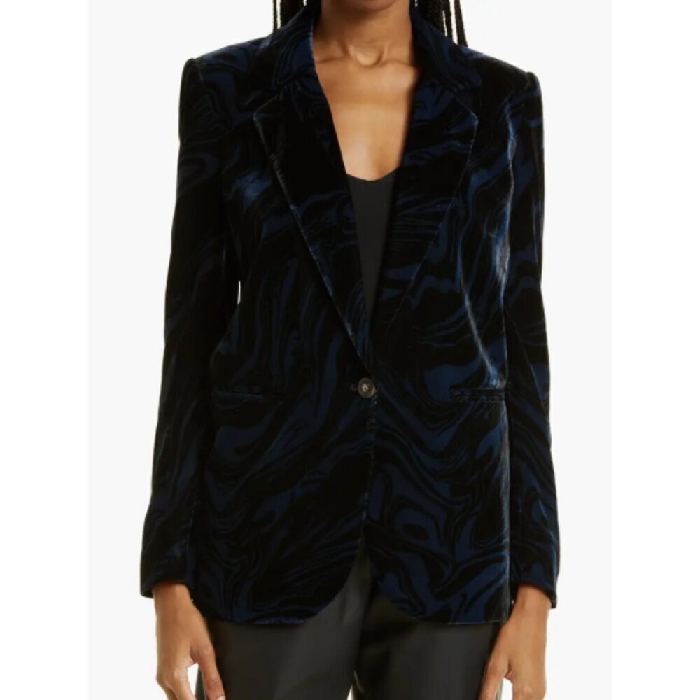 Ba&Sh 'Tuck' Mod-Swirl Print Velvet Blazer Jacket, Black/Navy Blue